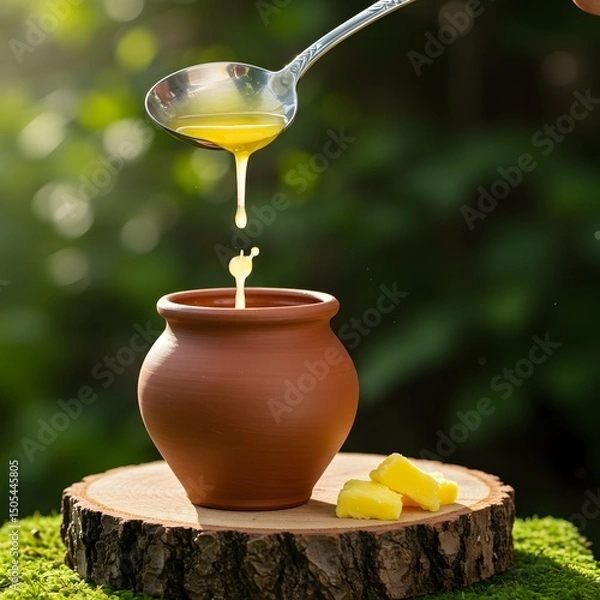 Obraz Golden Ghee Dripping into Clay Pot on Tree Stump – Traditional Indian Clarified Butter in Natural Outdoor Setting