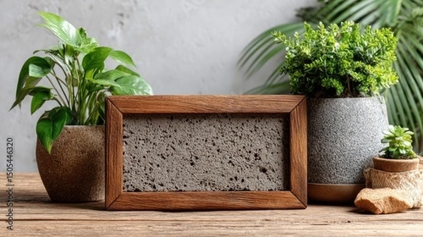 Obraz Wooden frame display mockup with houseplants
