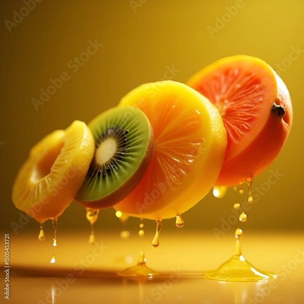 Obraz Fresh Slices of Exotic Fruits Suspended Mid-Air with Golden Background Glow