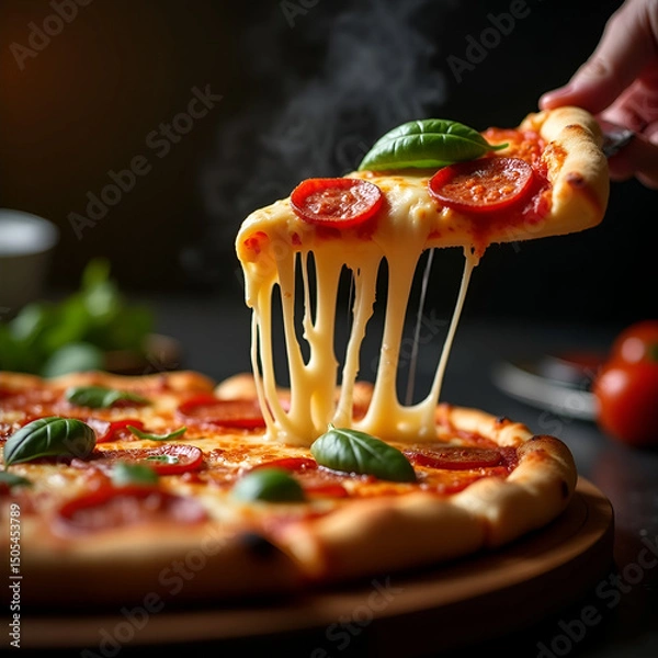 Obraz Hot Pepperoni Pizza with Stretching Mozzarella and Fresh Basil – Tempting Cheese Pull Moment