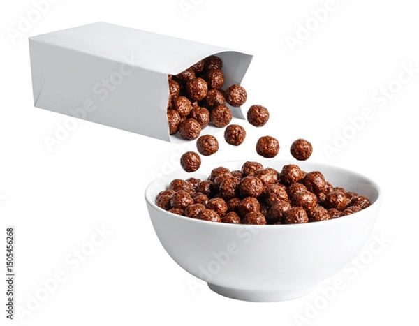Fototapeta Chocolate cereal balls pouring from a box into a white bowl.