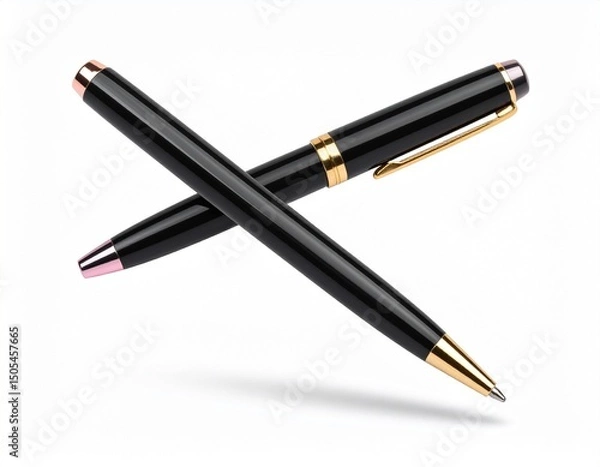 Obraz Black matte pen with pink golden metallic parts flying isolated on white background. 