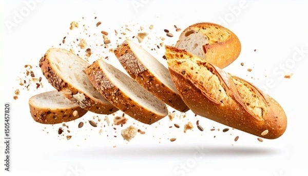 Obraz Cutting fresh baked loaf wheat baguette bread with crumbs and seeds flying isolated
