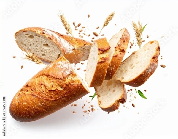 Obraz Cutting fresh baked loaf wheat baguette bread with crumbs and seeds flying isolated