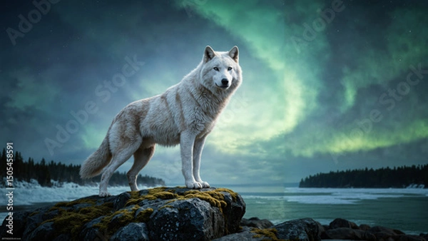 Fototapeta Majestic white wolf standing on a moss-covered cliff during twilight, with the northern lights swirling in the sky above.