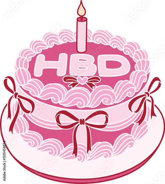 Obraz Line art drawing bow ribbons around pink Happy Birthday cake, clipart coquette aesthetic for design element. Vector illustration.