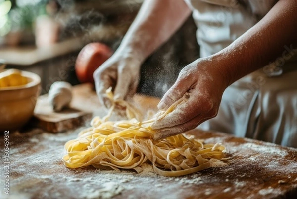 Fototapeta Hands of a chef skillfully preparing fresh pasta on a wooden countertop, surrounded by flour, with a bowl of ingredients and a warm kitchen atmosphere enhancing the culinary experience