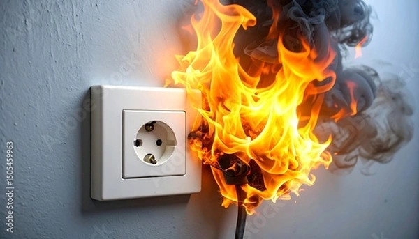 Fototapeta Electrical Fire Hazard with Burning Plug.