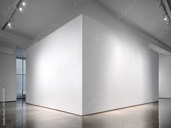 Fototapeta A minimalist gallery interior featuring a large, stark white, corner-positioned wall, sleek flooring, and recessed lighting
