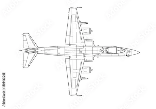 Fototapeta Military airplane drawing. It is a black and white outline image of a military aircraft, possibly a combat or transport plane. Vector sketch line art draw.