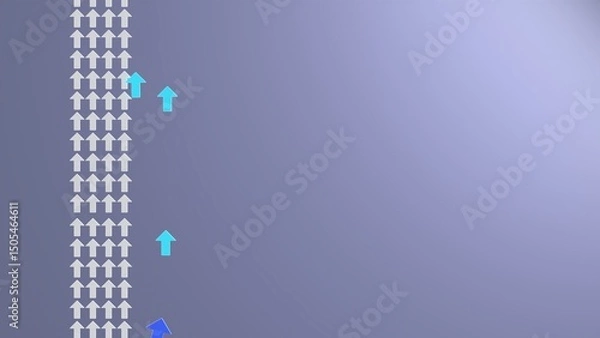 Fototapeta Single blue arrow moving away from aligned group of white arrows with copy space