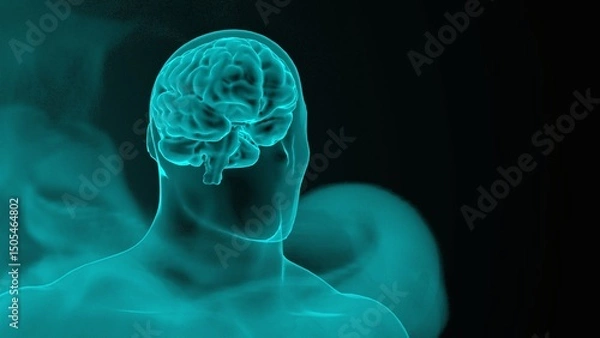 Fototapeta Glowing transparent human head with visible brain on dark background with copy space