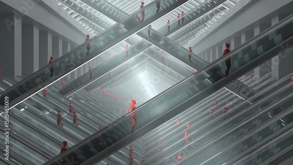 Fototapeta Endless escalators with red human figures in futuristic geometric interior