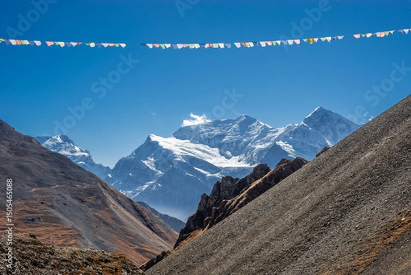 Obraz Gangapurna and Annapurna III summits with huge glaciers, view from Thorong high camp. Autumn sunny day in Himalaya mountains, Nepal.