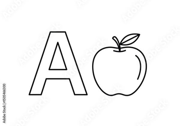 Obraz A for apple drawing. It is a black and white outline image featuring the uppercase letter "A" next to an apple, an educational illustration. Vector sketch line art draw.