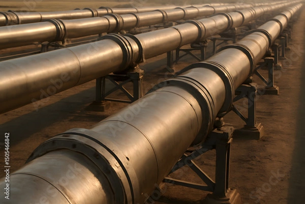 Fototapeta Numerous large, metal pipes extend in parallel lines across a barren, flat landscape under a hazy sky