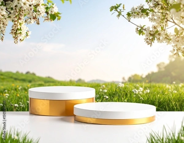 Obraz 3D background display stand with honey on white podium for product presentation 