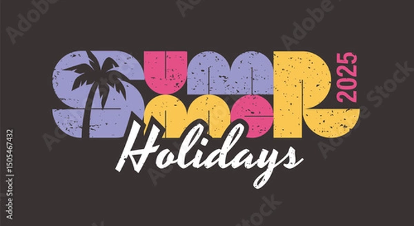 Fototapeta Summer holidays retro style lettering. T-shirt, banner, card or logo vintage design with geometric text and palm tree silhouette.