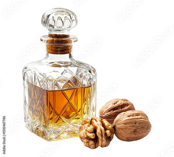Obraz A bottle of liquor sits next to a bowl of walnuts