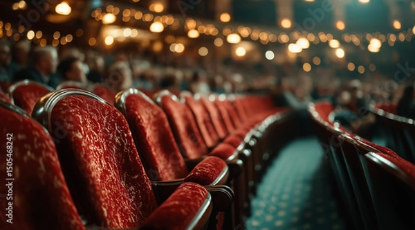 Fototapeta Row of unoccupied red plush seats inside of a theater or auditorium, ready for a performance, filled with anticipation and excitement.