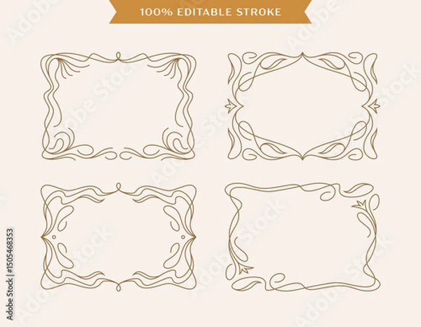 Fototapeta Horizontal ornate frames set in retro style. Modern Art Nouveau design elements, logo, label, floral borders with editable stroke.