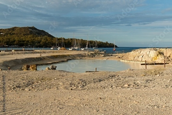 Obraz View of Thermal Mud Baths at Sunset on Vulcano Island. Aeolian (Lipari) Islands. Italy. Europe.