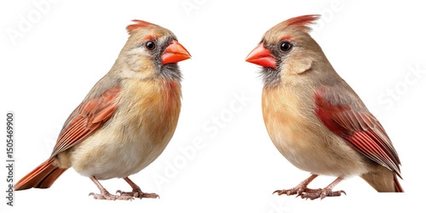 Fototapeta female cardinal bird perched, soft brown and red feathers, isolated on Transparent Background 