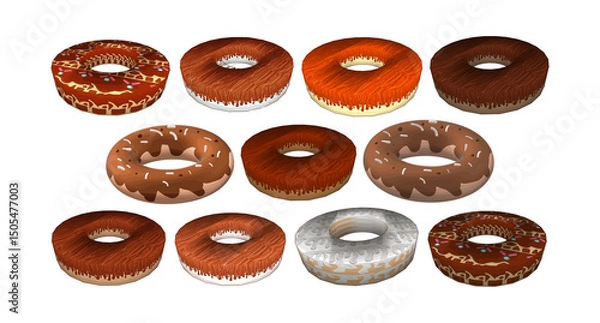 Obraz Donuts, chocolate and caramel glaze, candy sprinkles, set of sweets, 3D models, color drawing, on a transparent background