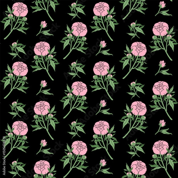 Fototapeta Minimalistic flowers seamless pattern. Delicate pink peony with stem and leaves, small bud on black background. Botanical spring pattern. For wallpaper, textiles, postcards. Vector illustration.