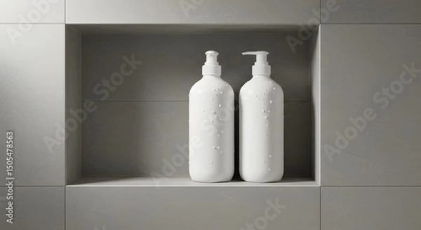 Fototapeta Minimalist shampoo and conditioner bottles with no labels, in shower niche