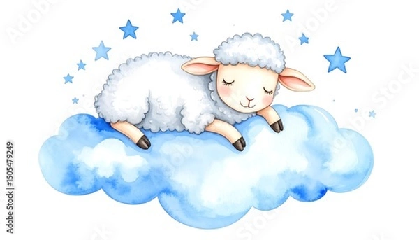 Fototapeta Sleeping Lamb on Cloud with Stars.