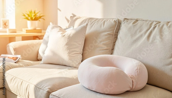 Obraz Soft pink neck pillow resting on beige couch in sunlit living room  