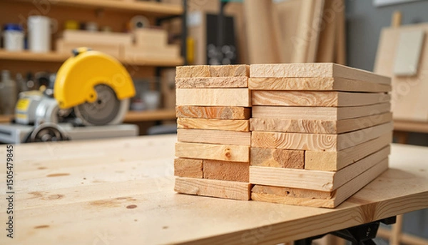 Obraz Stack of wooden planks on workbench in carpentry workshop
