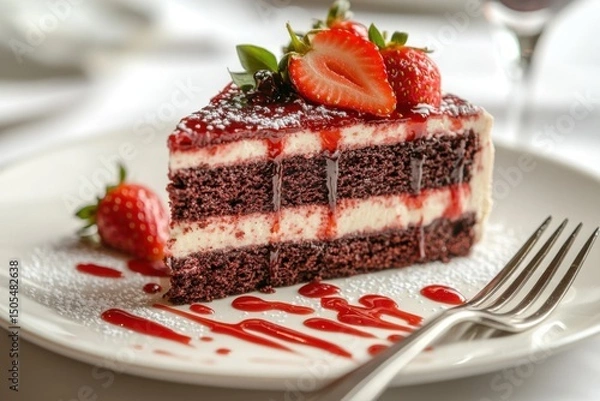 Fototapeta A slice of red velvet cake with cream cheese and strawberry jam, served on an elegant plate. 
