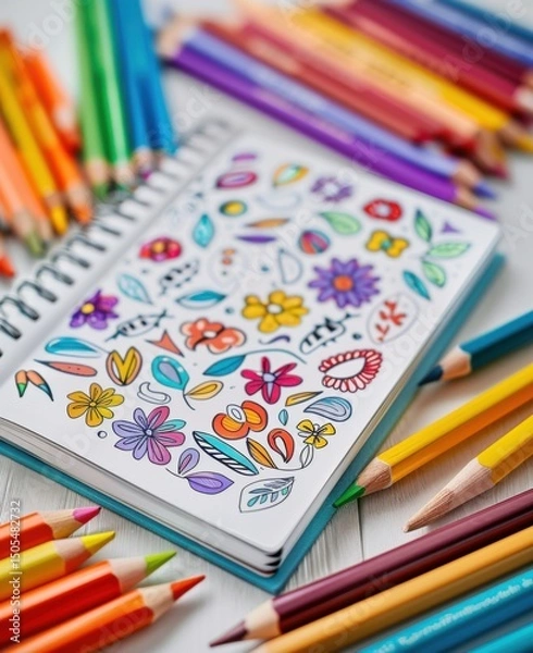 Fototapeta Vibrant colored pencils surround an open sketchbook featuring detailed floral patterns, creating an inspiring atmosphere for artistic endeavors and creativity
