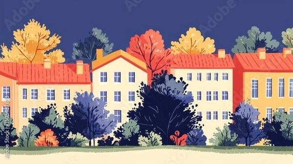 Fototapeta Colorful buildings surrounded by autumn trees in a vibrant landscape.