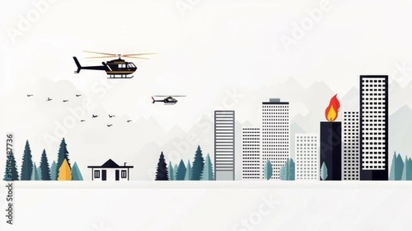 Fototapeta Stylized cityscape with helicopters and mountains in the background.