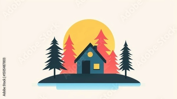 Fototapeta Illustration of a house surrounded by pine trees and a sunset backdrop.