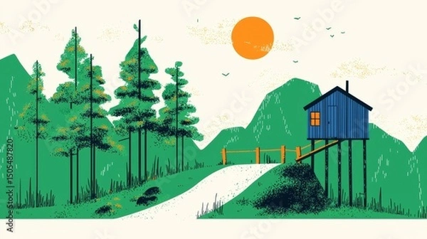 Fototapeta Colorful house on stilts surrounded by trees and mountains under a sun.