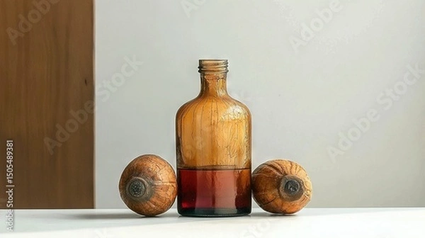 Fototapeta   A brown bottle sits on the table with small wooden snails nearby