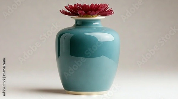 Fototapeta  Large blue vase with red flower at center on light gray background