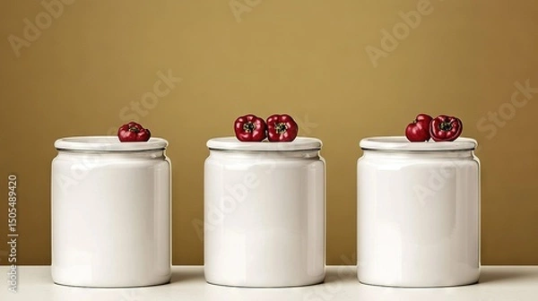 Fototapeta   Three white canisters with a red pepper on top and a white canister with a red pepper