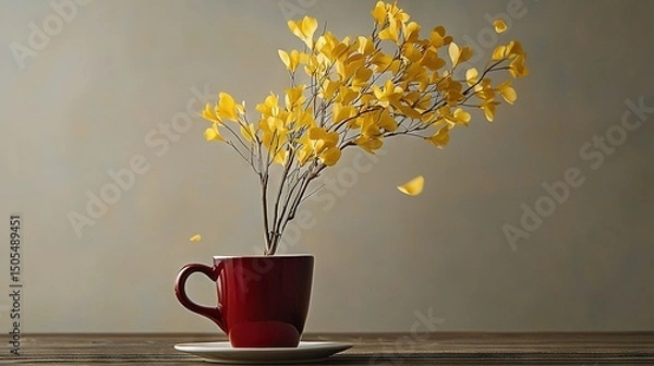 Fototapeta   A cup holding yellow blossoms rests atop a wooden table alongside a vase brimming with the same hue