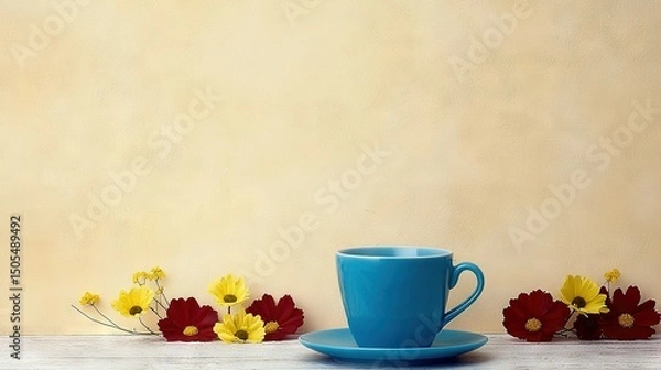 Fototapeta   A cup of blue sitting on a saucer of blue, beside a plate with yellow and red flowers