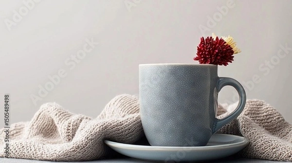 Fototapeta   A cup with a flower sits on a saucer next to a plate with a sweater