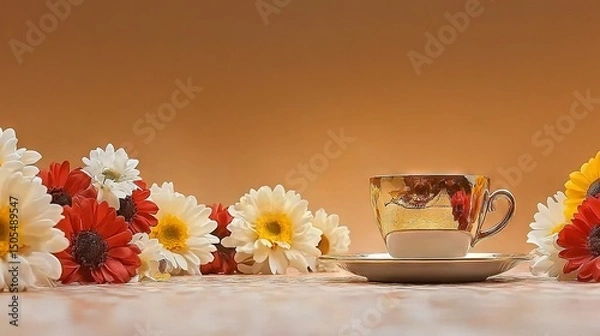Fototapeta   A cup and saucer atop a saucer, surrounded by daisies