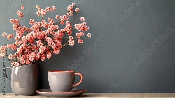 Fototapeta   A few cups rest on a wooden table beside a flower-filled vase