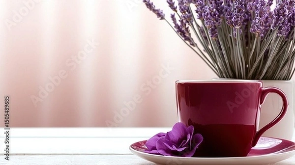 Fototapeta   A cup and saucer with a purple flower on a saucer and a vase of lavenders nearby