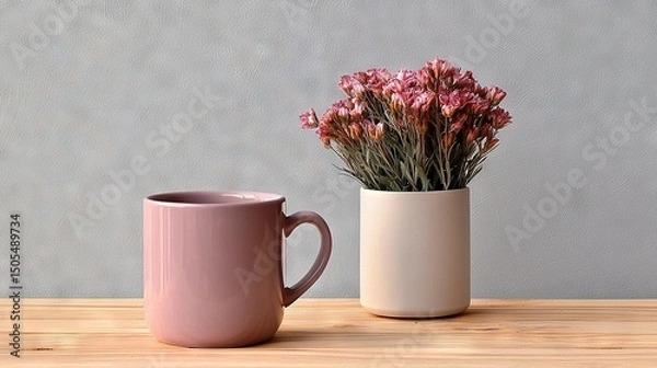 Fototapeta   A pair of mugs sits atop a wooden table beside a vase containing blooming flowers