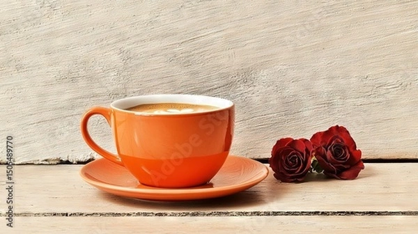 Fototapeta  A cup of coffee rests atop a saucer beside a red rose on a white wooden table